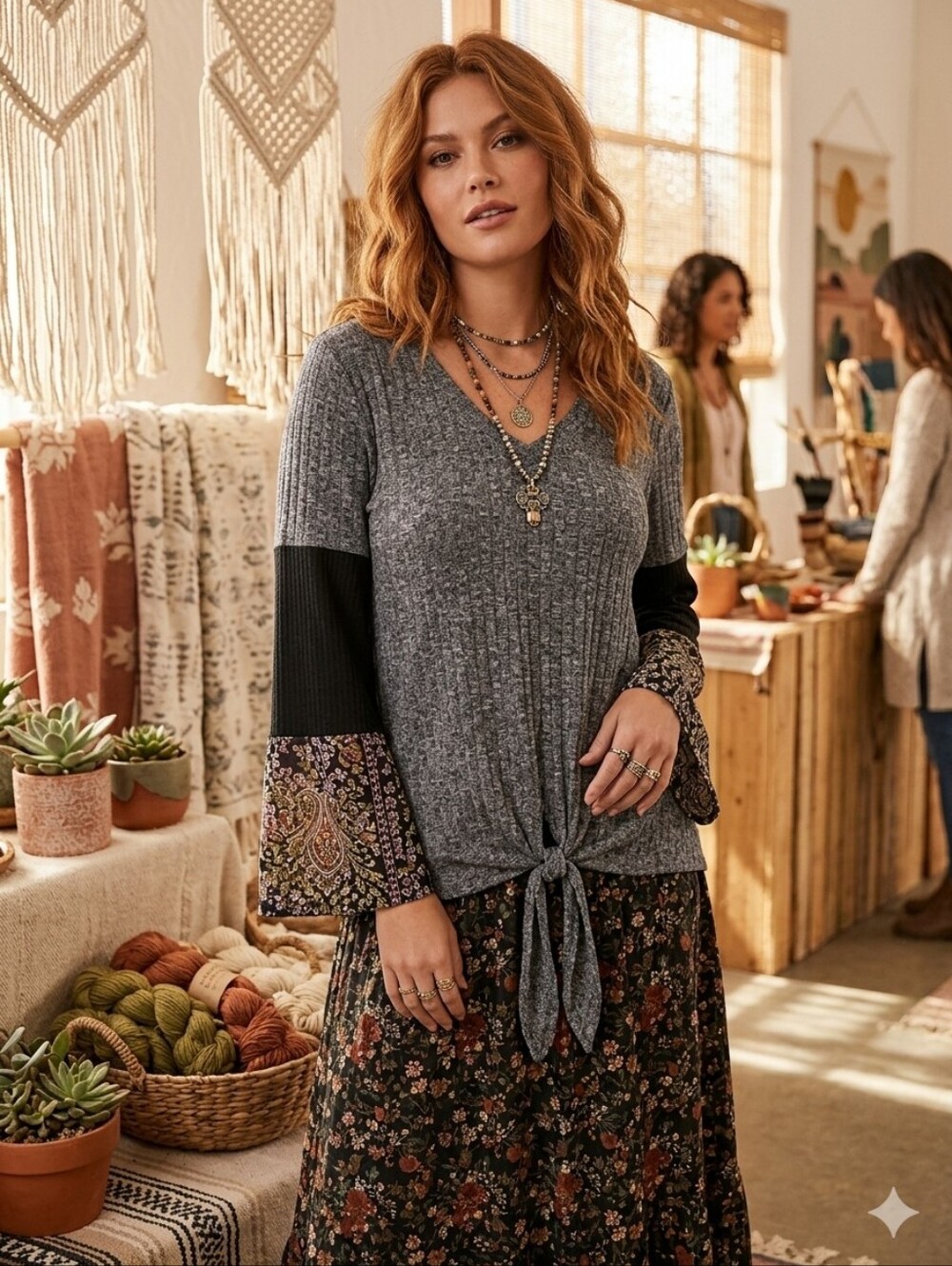 L LOVE V-Neck Front Tie Contrast Tunic